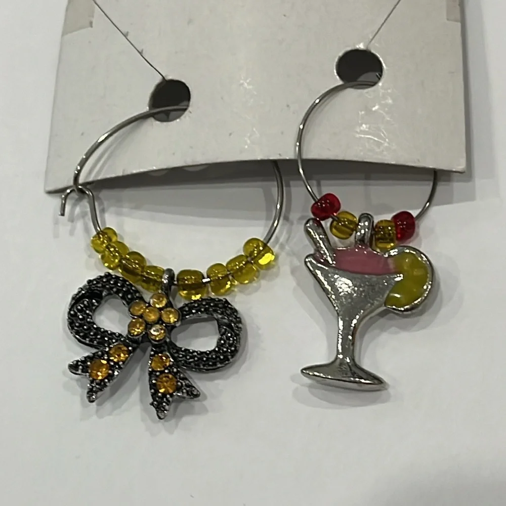 Wine Glass Markers Yellow Rhinestone Bow Cocktail Silver Tone Set of 2 OS